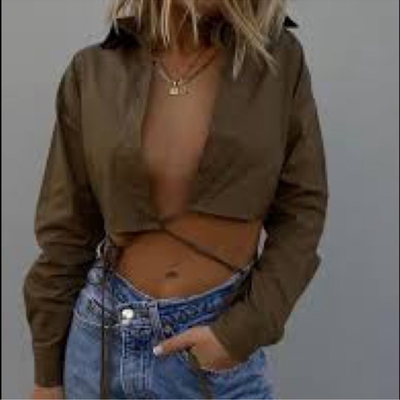 Khaki Button Down Crop Shirt Tie Details - Picture 8 of 16